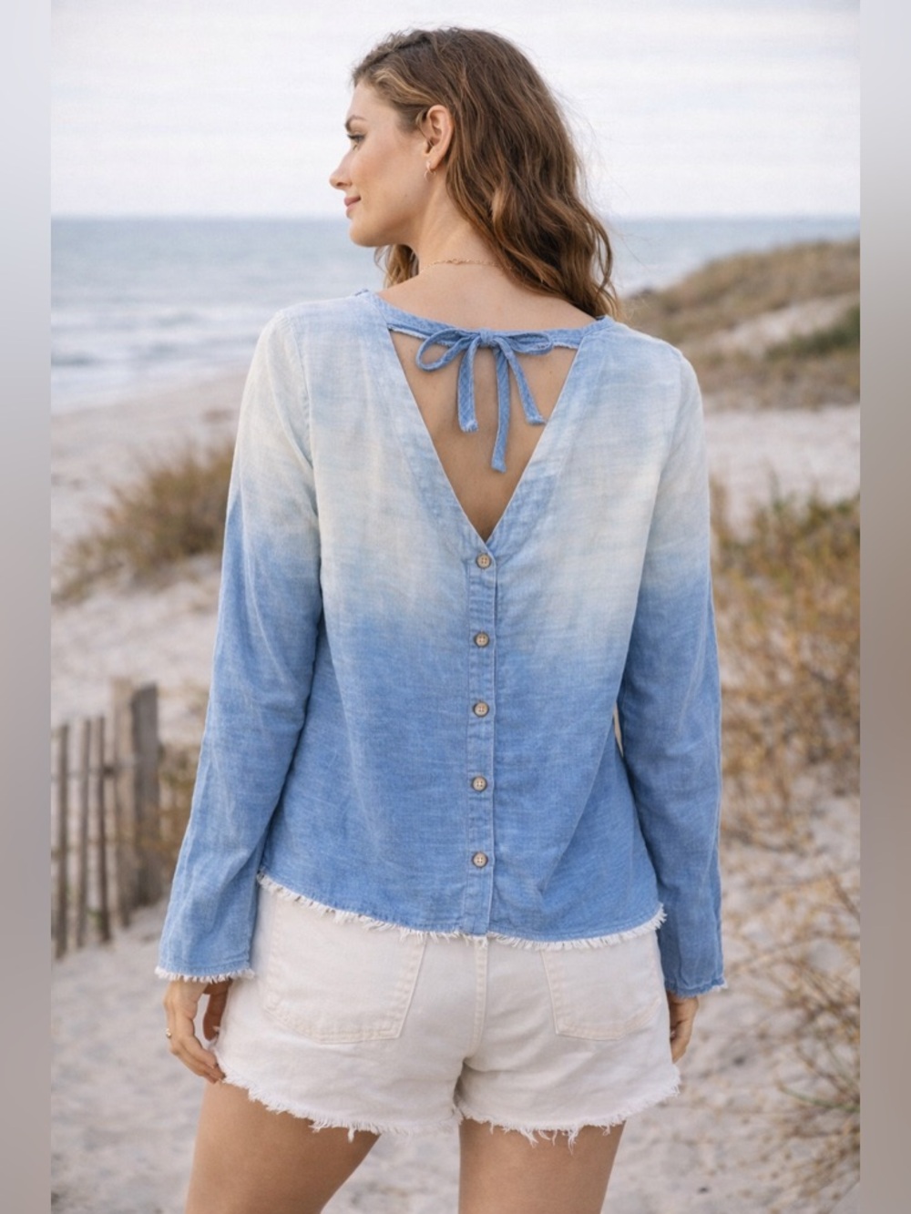 Cloth & Stone Anthropologie Blue Ombre Fray Hem Top Size Small Boho Tie Back